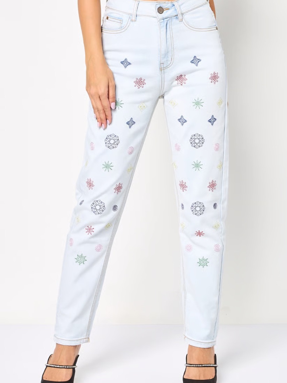 Desigual Light Blue Straight-Leg Jeans with Multi-Color Embroidery